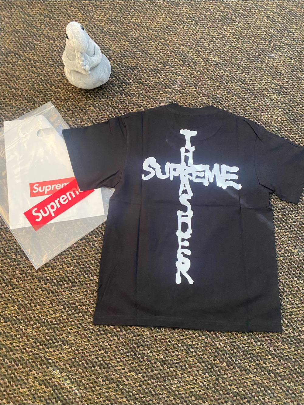 Supreme Black Tee with White Vertical Cross Logo
